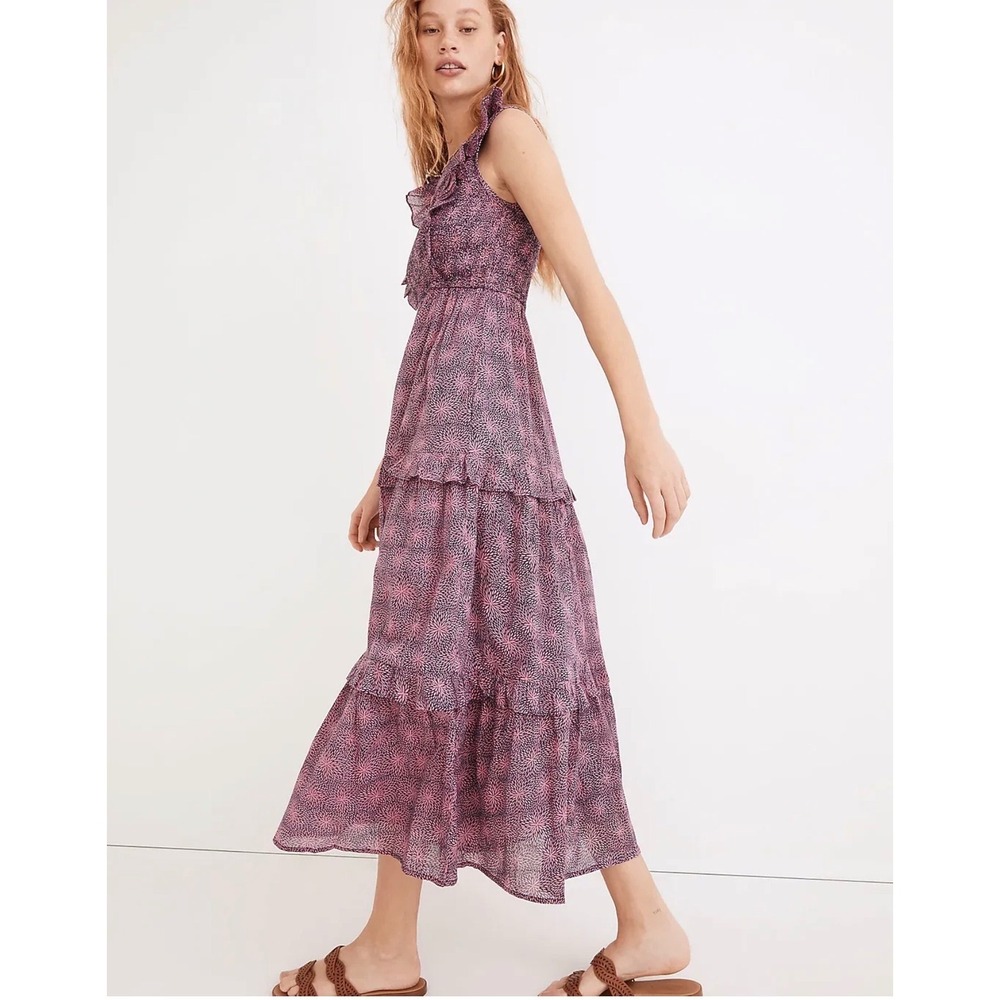 BANJANAN Floral Cotton Tiered Ruffle Maxi Dress Medium Pink Purple Boho Chic